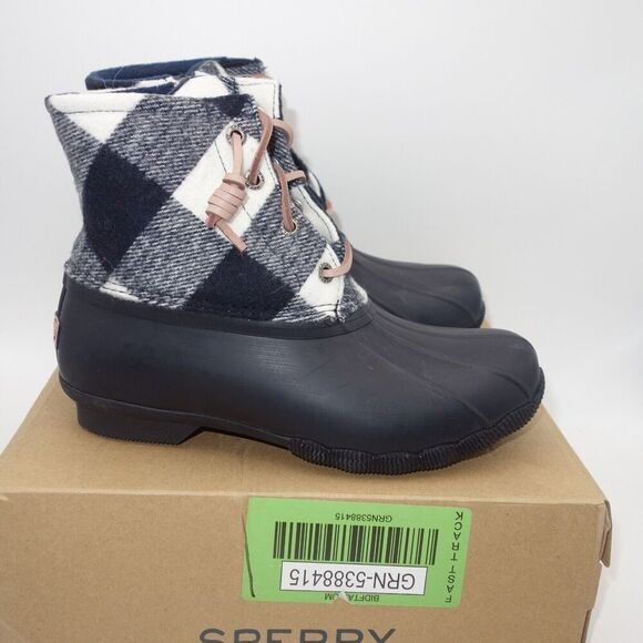 NEW Sperry Saltwater Cozy Wool Navy Blue Plaid Duck Winter Boots Women's 6 - Picture 5 of 9